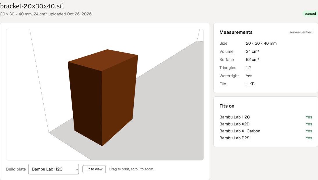 The Fairmont3d app showing an uploaded part in 3D on its build plate, with its size, volume and which printers it fits on